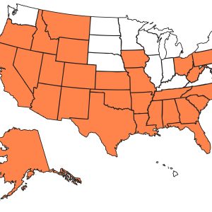 image of US Map showing where Fire + Ice is approved to open a franchise. Every state except for Washington, North Dakota, South Dakota, Nebraska, Minnesota, Wisconsin, Illinois, Indiana, Kentucky, Virginia, New York, Maryland, Rhode Island, and Hawaii.